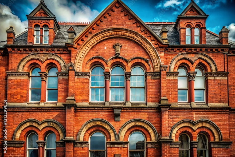 Fototapeta premium Majestic Red Brick Victorian Building with Elegant Arched Window - Stock Photo