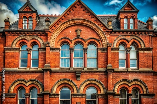 Majestic Red Brick Victorian Building with Elegant Arched Window - Stock Photo