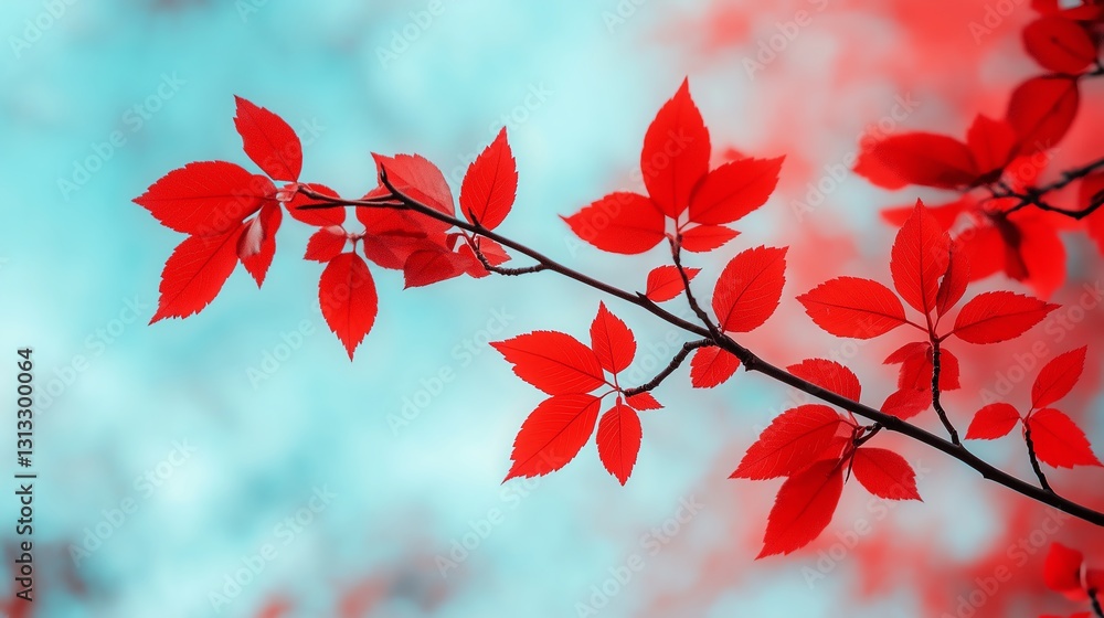 Vibrant red leaves contrast beautifully with a soft blue background, creating a stunning visual effect perfect for nature-themed projects and decor. Vibrant red leaves contrast beautifully with a soft blue background, creating a stunning visual effect perfect for nature-themed projects and decor.