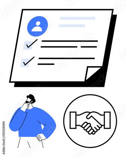 Checklist document with profile photo, thoughtful individual, handshake icon signifying agreement. Ideal for teamwork, collaboration, planning, agreement, business process, decision-making flat