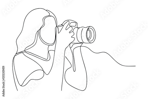 Woman Photographer Single Line Drawing Camera Landscape Nature Art