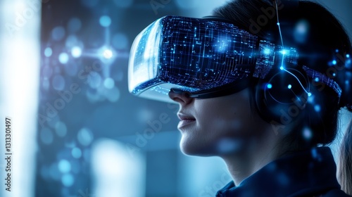 A person wearing a virtual reality headset  immersed in a digital environment  showcasing advanced technology and futuristic elements.