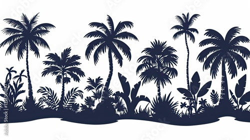 A silhouette of various palm trees and tropical plants, creating a decorative border.
