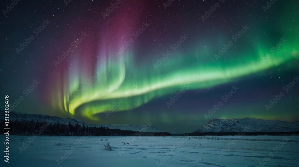 A captivating view of the northern lights glowing over a snowy mountain landscape, generate AI A captivating view of the northern lights glowing over a snowy mountain landscape, generate AI