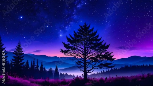 mysterious night sky stretches over a dense forest, fading into rich indigo and violet hues