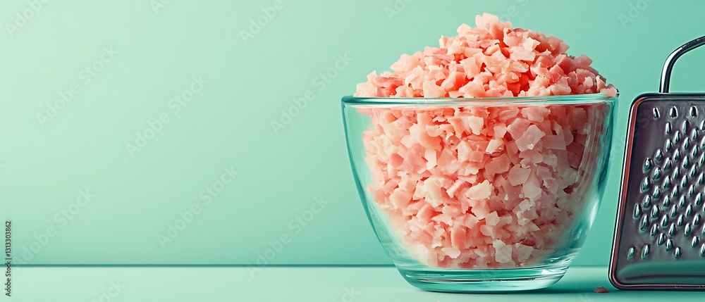 A glass container of finely chopped ham, placed on a neutral-colored surface with a cheese grater beside it. The background is a pastel mint green, enhancing the fresh and clean aesthetic. The