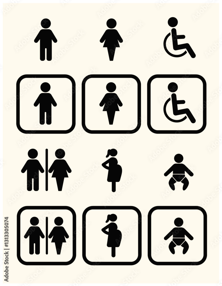 WC icons set. Toilet sign. Man, woman, mother with baby and handicapped silhouettes collection. Male and female restroom. WC icons set. Toilet sign. Man, woman, mother with baby and handicapped silhouettes collection. Male and female restroom.
