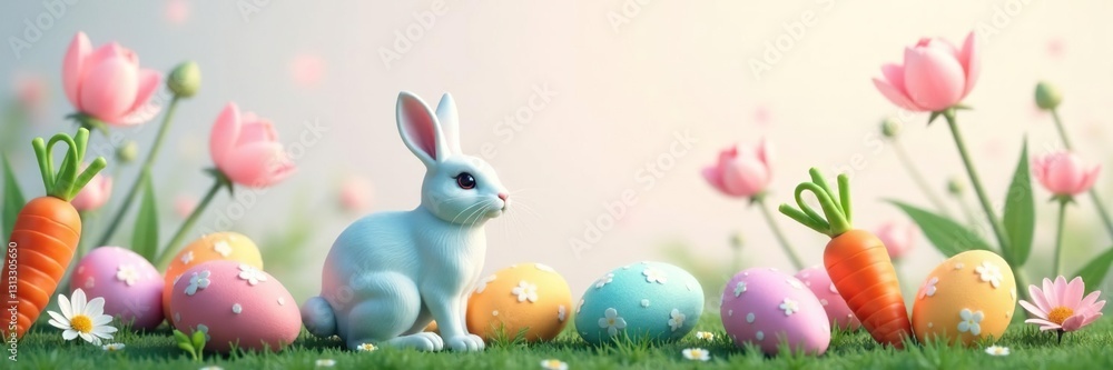 Pastel eggs, carrots, bunny silhouette on spring floral background, eggs, carrots, background Pastel eggs, carrots, bunny silhouette on spring floral background, eggs, carrots, background