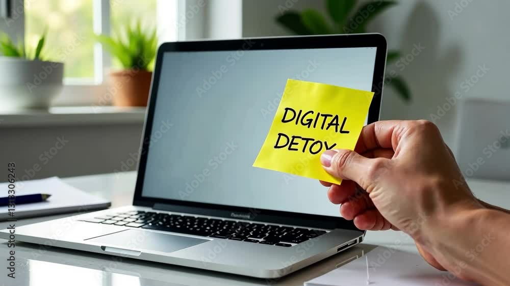 A hand displays a yellow sticky note with the words digital detox next to an open laptop in a cozy workspace A hand displays a yellow sticky note with the words digital detox next to an open laptop in a cozy workspace