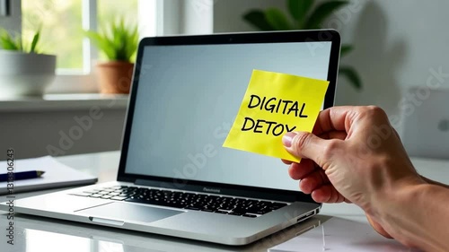 A hand displays a yellow sticky note with the words digital detox next to an open laptop in a cozy workspace