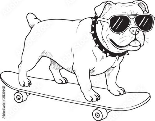 Bull dog wearing a sunglass riding a skateboard 