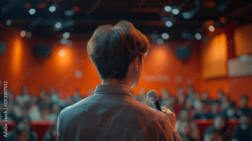 Obraz premium Speaker addressing audience at a conference, focused and professional, with blurred background.