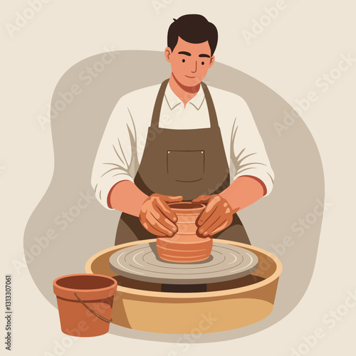 Man Shaping Clay Pot on Wheel in Pottery Workshop Scene
