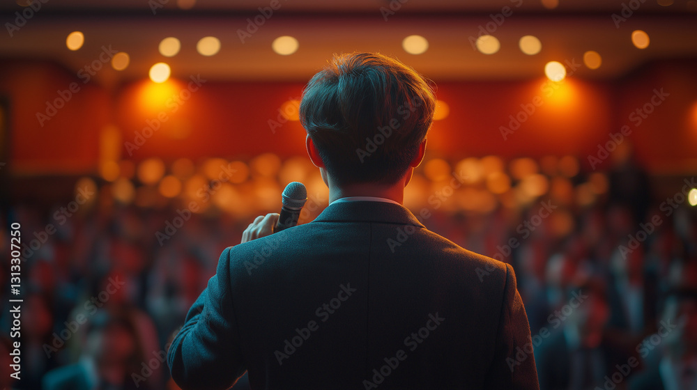 Speaker addressing audience at a conference, focused and professional, with blurred background. Speaker addressing audience at a conference, focused and professional, with blurred background.