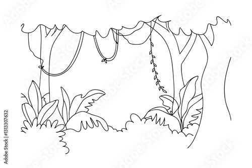 Jungle Vines, Lush Foliage, Tropical Trees, Line Art Drawing