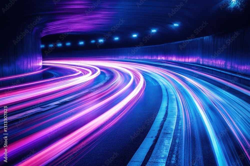 Vibrant light trails curve through a tunnel. Ideal for speed, technology, or futuristic concepts.
