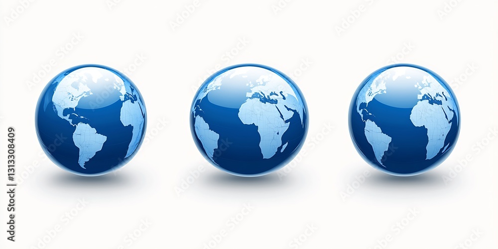 Three globe illustrations with blue oceans and white continents showcased on a bright backdrop emphasizing world geography : Generative AI Three globe illustrations with blue oceans and white continents showcased on a bright backdrop emphasizing world geography : Generative AI