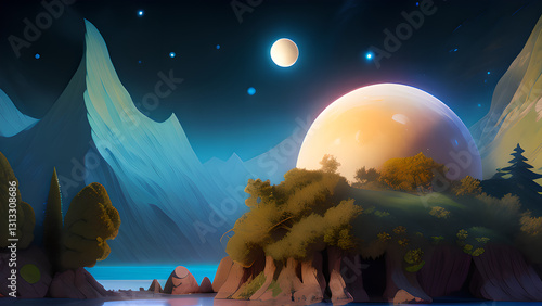 fantasy landscape with moon and stars