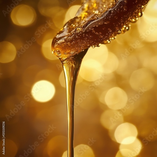 Honey dripping from dipper in golden backlit light photo