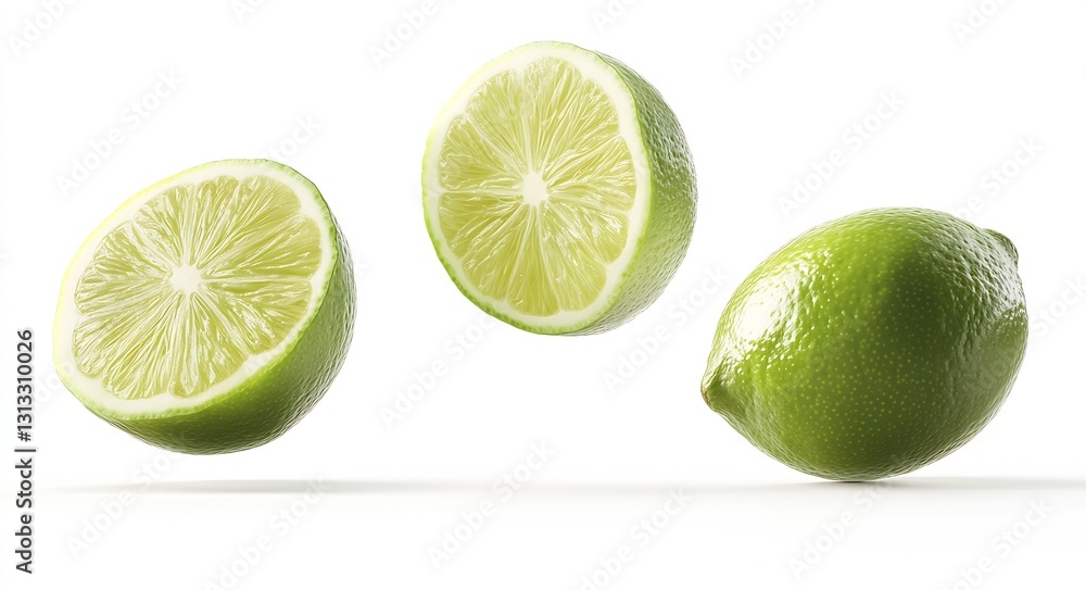 Sliced and whole fresh green limes floating in the air showcasing their juicy and zesty interior : Generative AI Sliced and whole fresh green limes floating in the air showcasing their juicy and zesty interior : Generative AI