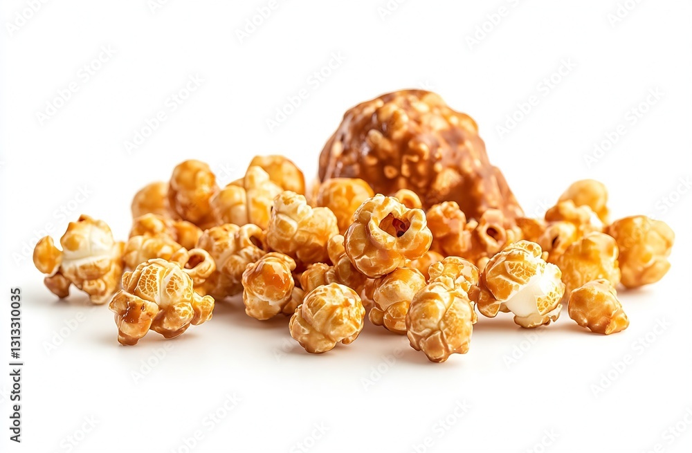 Delicious caramel popcorn scattered on a clean white background for a tasty snack presentation : Generative AI Delicious caramel popcorn scattered on a clean white background for a tasty snack presentation : Generative AI