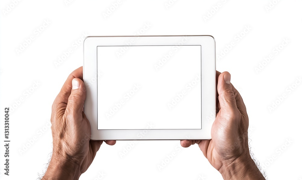 Hands Holding a Blank Digital Tablet on a White Background Displaying Empty Screen : Generative AI Hands Holding a Blank Digital Tablet on a White Background Displaying Empty Screen : Generative AI