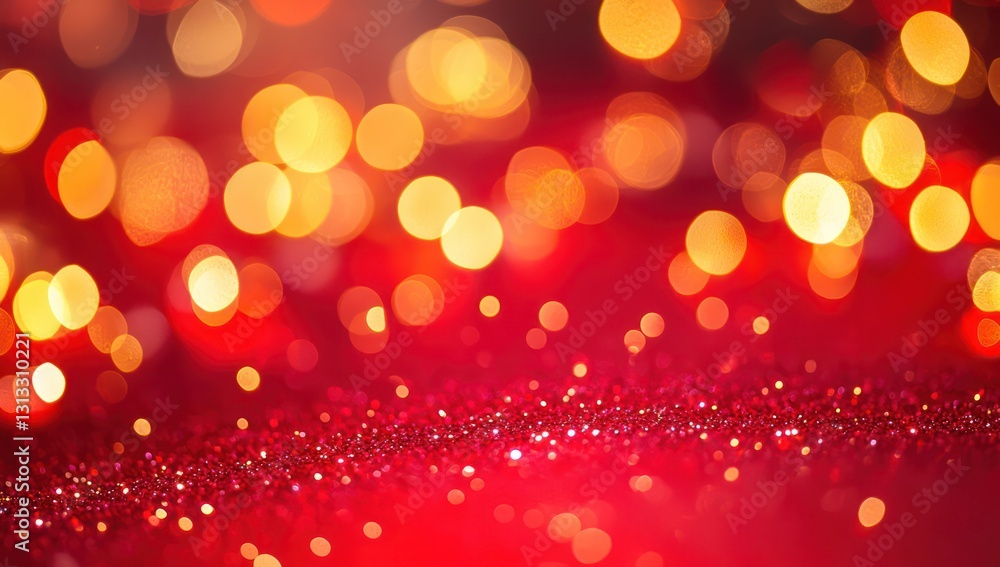 Golden bokeh and particle sparkles on a festive red glowing backdrop. Golden bokeh and particle sparkles on a festive red glowing backdrop.