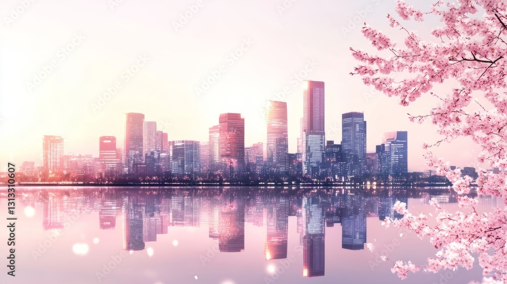 Fototapeta premium City Modern City Scene Cherry Skyline Blossom Glowing