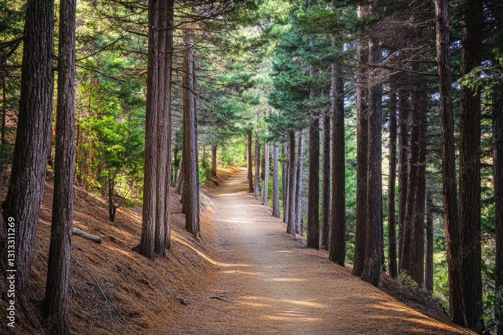 Walk through the majestic pine woodland: the smell of towering evergreens and pine needles in the serene background Walk through the majestic pine woodland: the smell of towering evergreens and pine needles in the serene background