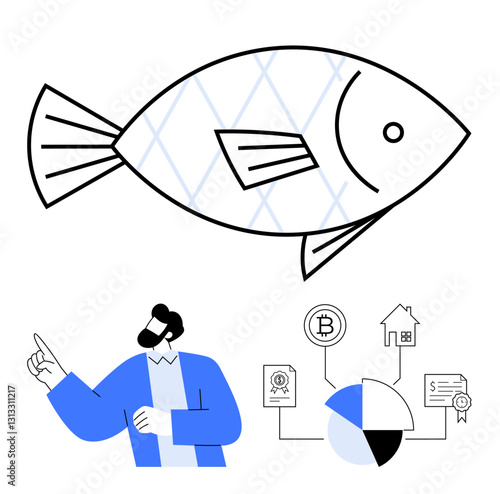 Fish graphic above man gesturing toward pie chart, Bitcoin, property deeds, and certificate icons. Ideal for education, finance, real estate, blockchain, presentation decision-making flat simple