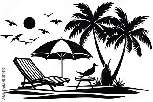 beach chair and palm tree line art silhouette vector