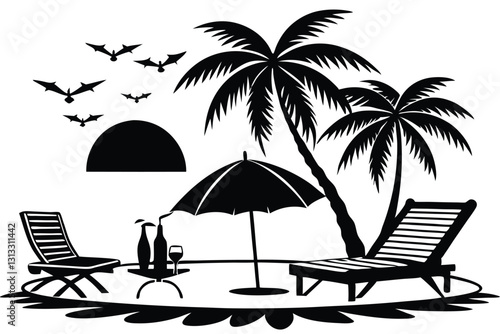 beach chair and palm tree line art silhouette vector