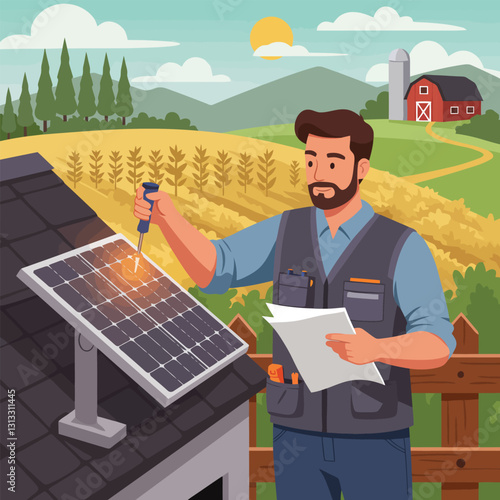 Technician Inspecting Solar Panel on Roof with Countryside Background