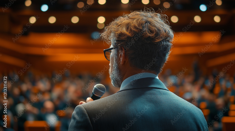 Speaker addressing audience at a conference, focused and professional, with blurred background. Speaker addressing audience at a conference, focused and professional, with blurred background.