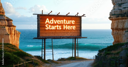 Massive wooden billboard adventure starts here glowing warm amber standing edge of towering cliffs overlooking turquoise ocean waves photo