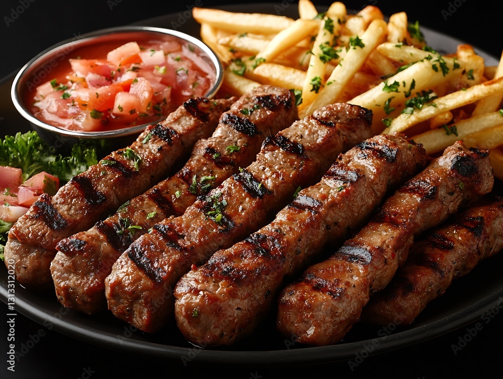 Deliciously Grilled Meat Skewers Served with Crispy Fries and Fresh Salsa Perfect for Any Meal : Generative AI Deliciously Grilled Meat Skewers Served with Crispy Fries and Fresh Salsa Perfect for Any Meal : Generative AI