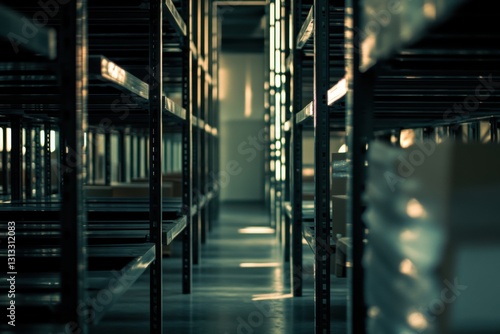 Industrial warehouse shelving with diminishing perspective and copy space