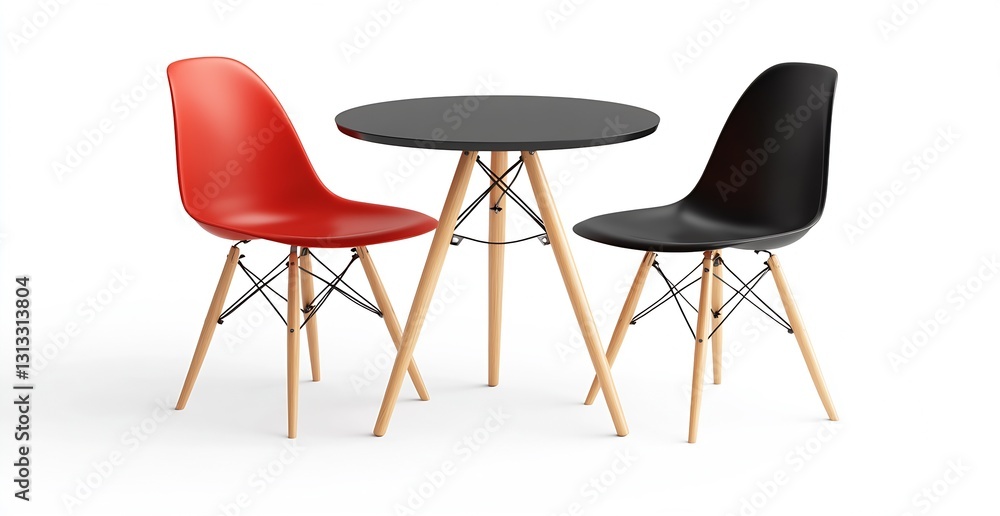 Obraz premium Trendy Minimalist Dining Set Featuring a Round Black Table and Two Assorted Chairs in Red and Black : Generative AI