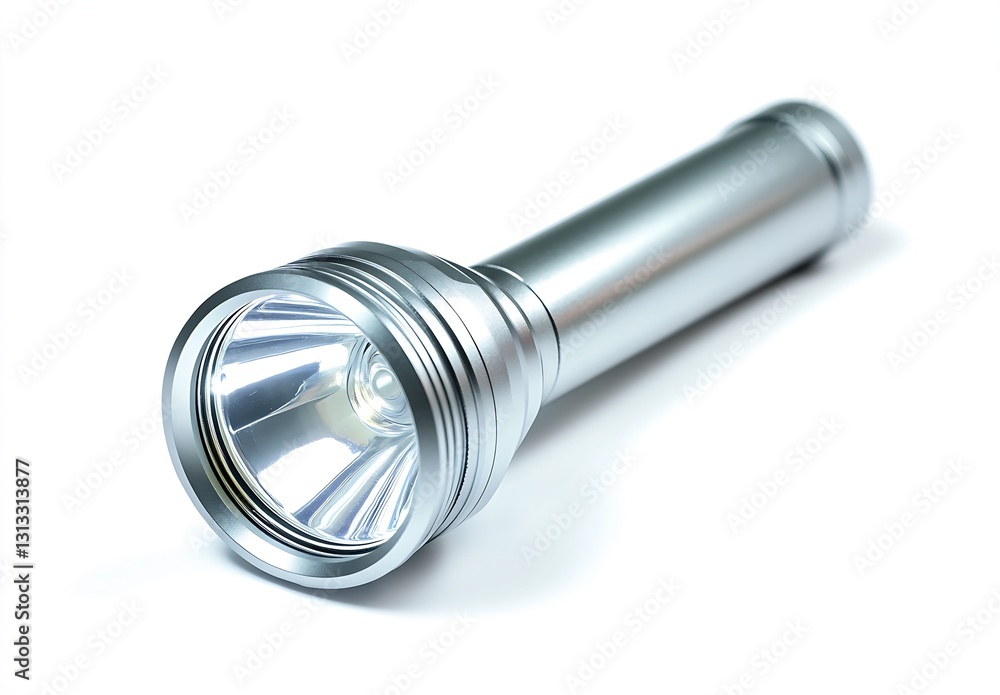 Shiny metal flashlight with LED technology providing bright light on a clean white background : Generative AI Shiny metal flashlight with LED technology providing bright light on a clean white background : Generative AI
