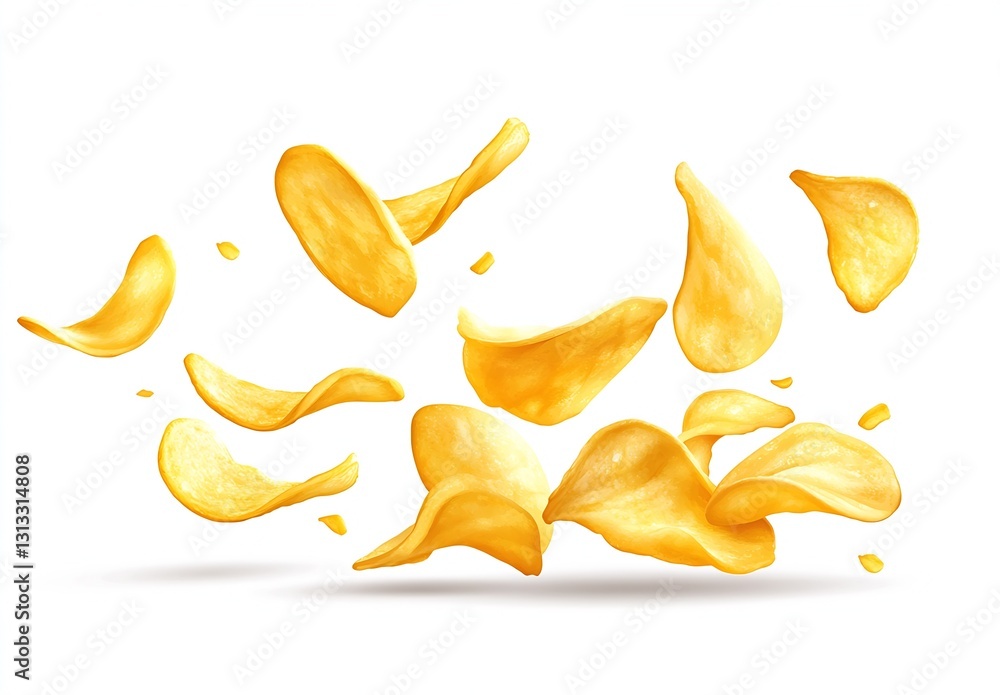 Flying Crispy Potato Chips Sizzling in the Air on a White Background : Generative AI Flying Crispy Potato Chips Sizzling in the Air on a White Background : Generative AI