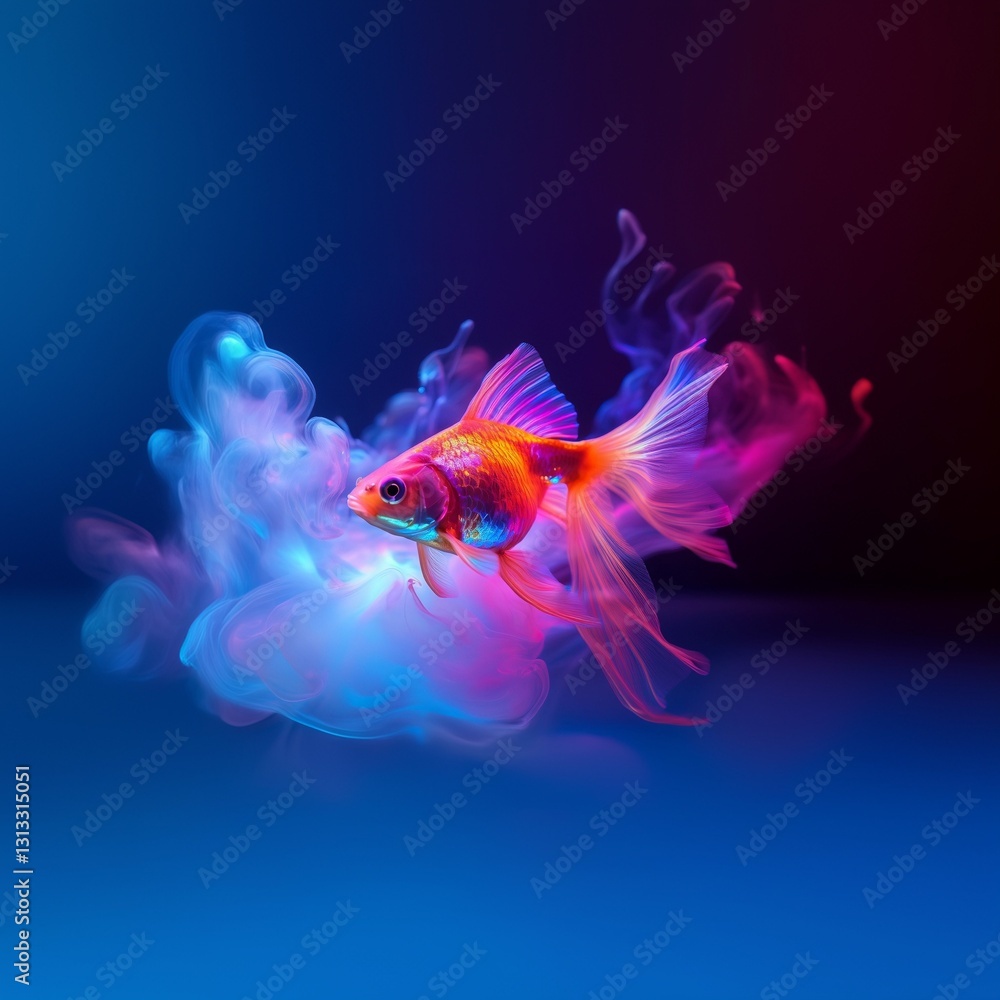 Fototapeta premium A vibrant goldfish swims amidst swirling neon smoke of pink and blue. The colorful, fluid vapor surrounds the fish in a captivating, artistic display against a dark backdrop.