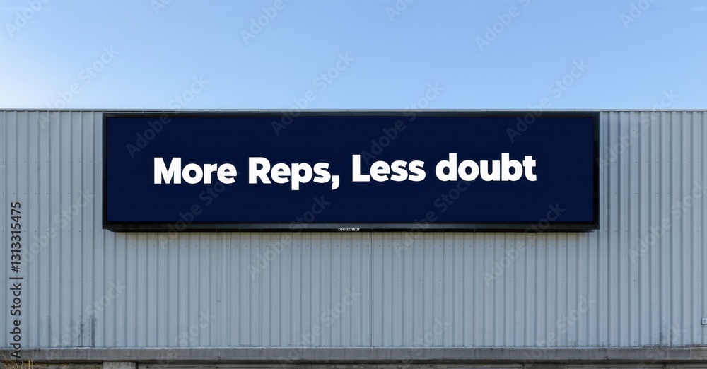 Minimalist steel billboard more reps less doubt navy blue bold white mounted entrance of elite personal training studio Minimalist steel billboard more reps less doubt navy blue bold white mounted entrance of elite personal training studio