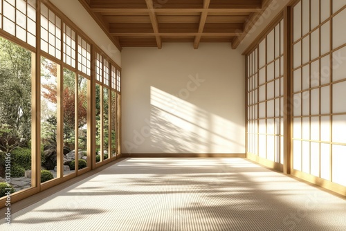 Serene minimalist room with shoji screens and garden view. Perfect for showcasing tranquility  zen  or Japanese design concepts.