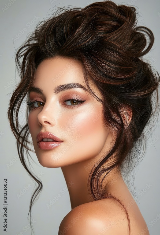 a beautiful woman with her hair in a bun, wearing pink and purple eyeshadow and eyeliner makeup, against a brown background a beautiful woman with her hair in a bun, wearing pink and purple eyeshadow and eyeliner makeup, against a brown background