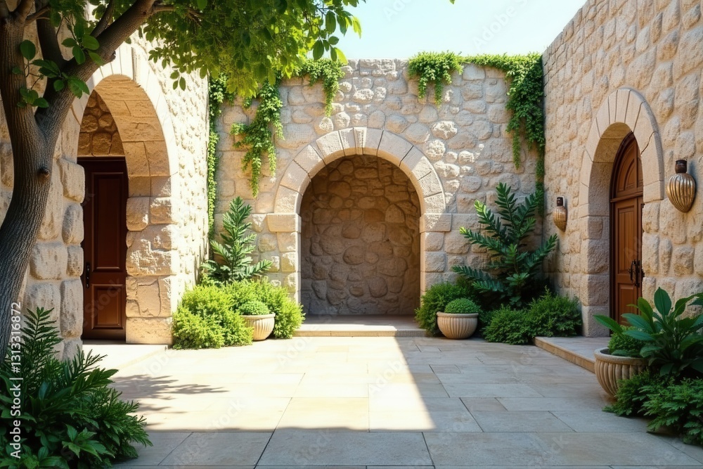 Fototapeta premium Serene Courtyard with Stone Arches and Lush Greenery, a Peaceful Oasis for Relaxation and Contemplation