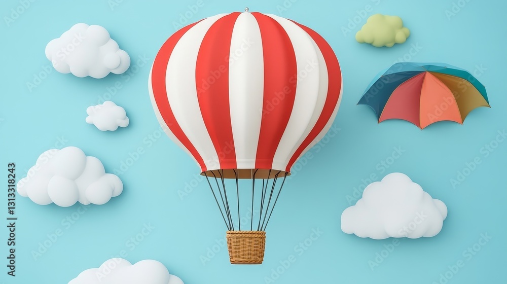 Obraz premium Playful hot air balloon floating in a cartoon sky with fluffy clouds and a vibrant umbrella against a bright blue backdrop imagery