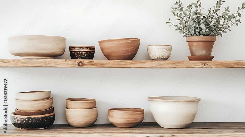 Pottery bowls on shelves, displayed in a minimalist interior, with a plant. For home decor Pottery bowls on shelves, displayed in a minimalist interior, with a plant. For home decor