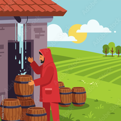 Collecting Rainwater in Barrels From Building Eaves in Rural Landscape