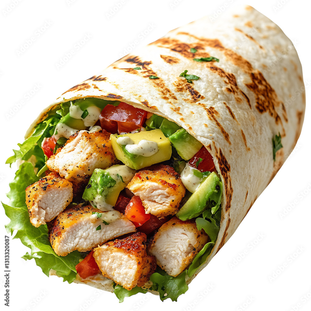 Crispy Chicken Wrap with Avocado Lettuce and Ranch Isolated on Transparent Background Crispy Chicken Wrap with Avocado Lettuce and Ranch Isolated on Transparent Background