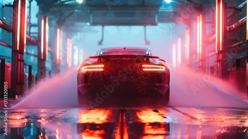 Elegant car emerges from a modern automatic car wash tunnel